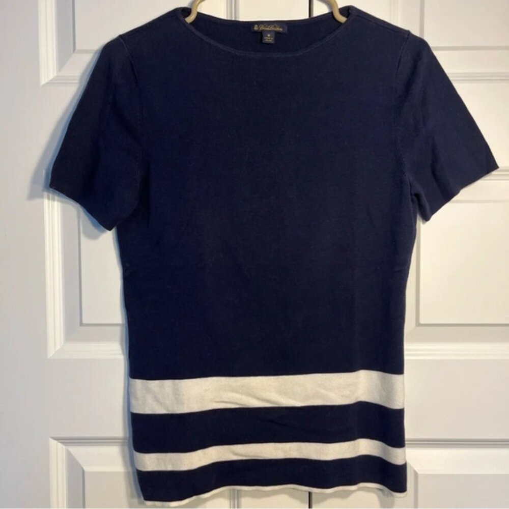 Brooks Brothers Navy White Crewneck Thin Sweater Shirt Top size medium womens